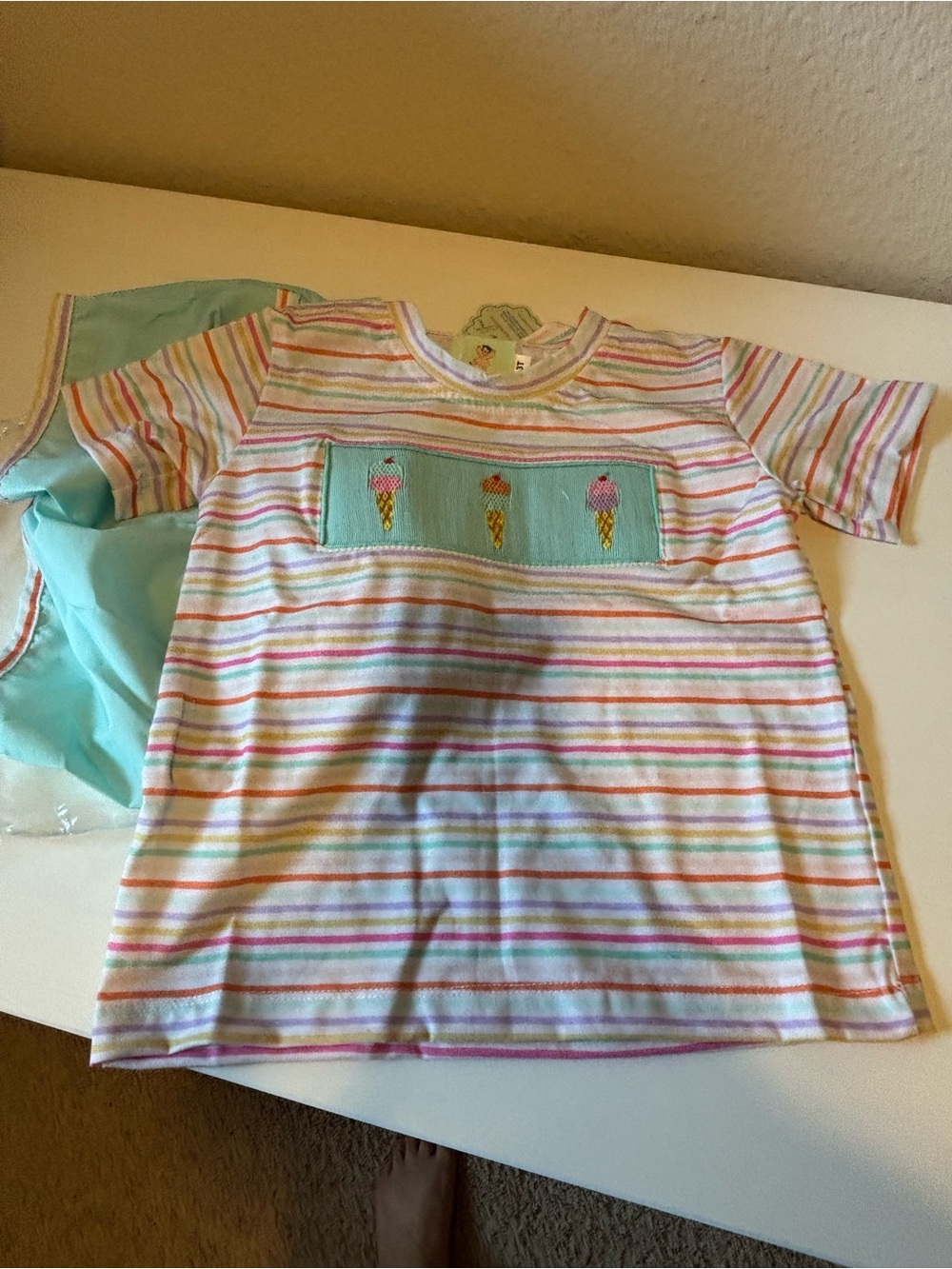 Girls Ice Cream Stripe Matching Set - Multicolor Smocking and Embroidery- NWT